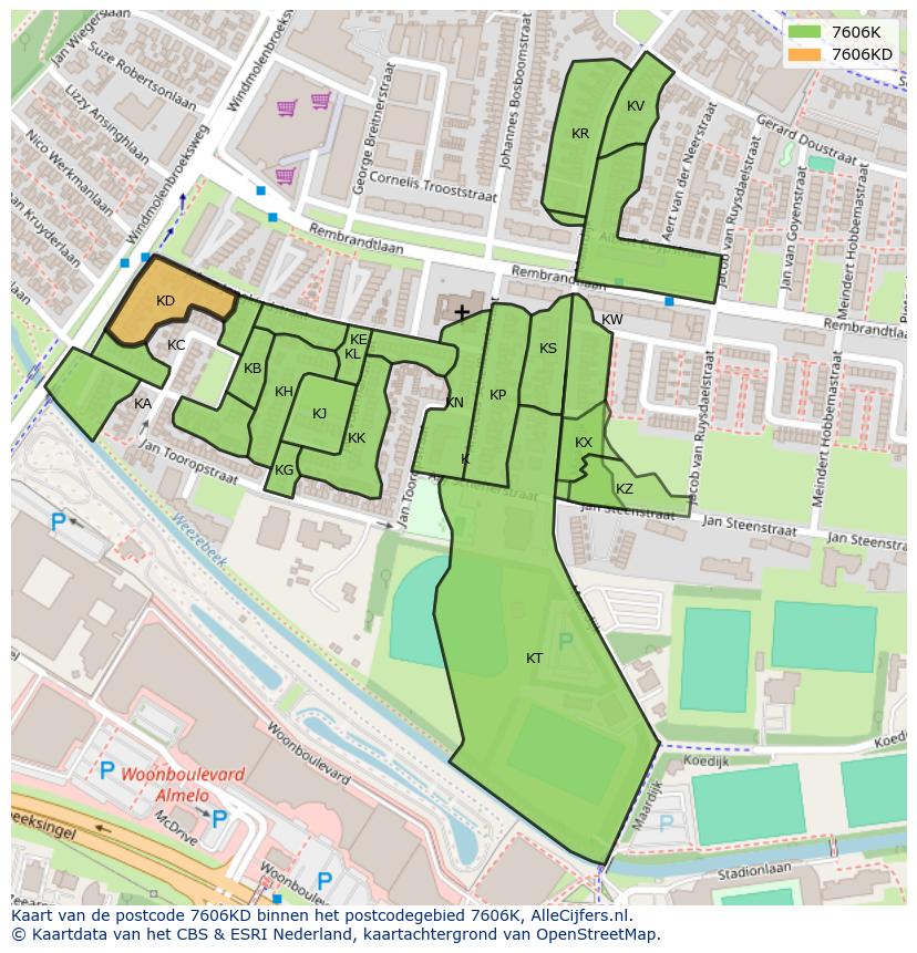 Afbeelding van het postcodegebied 7606 KD op de kaart.