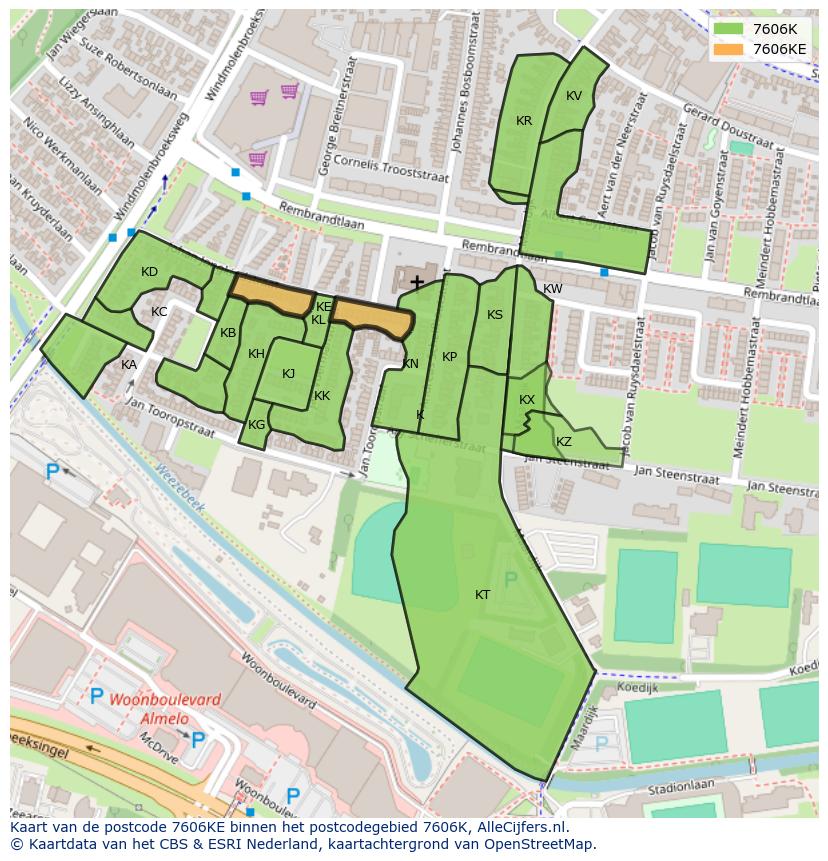 Afbeelding van het postcodegebied 7606 KE op de kaart.