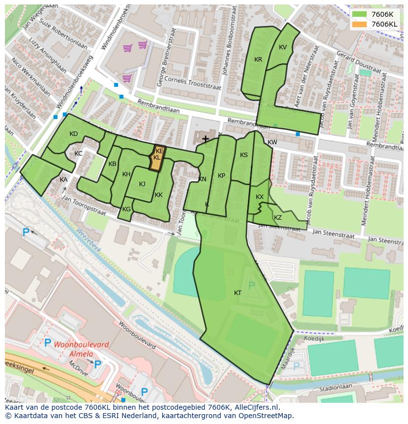 Afbeelding van het postcodegebied 7606 KL op de kaart.