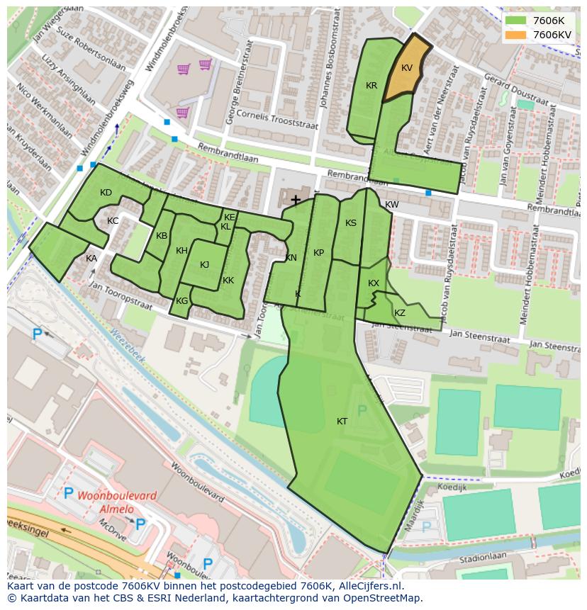 Afbeelding van het postcodegebied 7606 KV op de kaart.