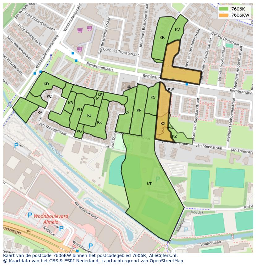 Afbeelding van het postcodegebied 7606 KW op de kaart.