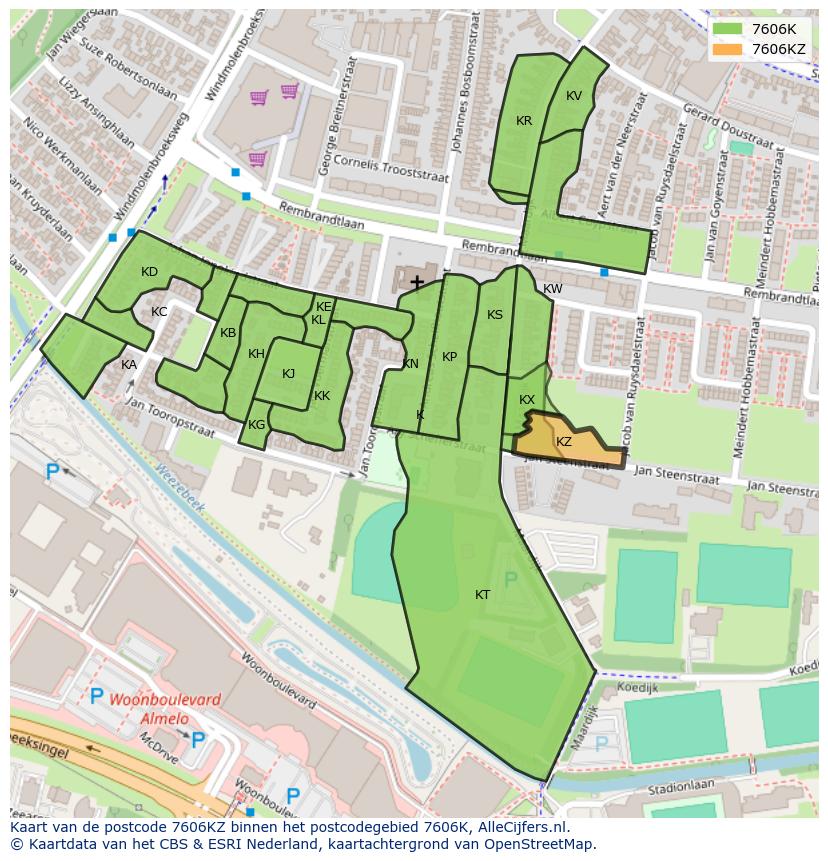 Afbeelding van het postcodegebied 7606 KZ op de kaart.