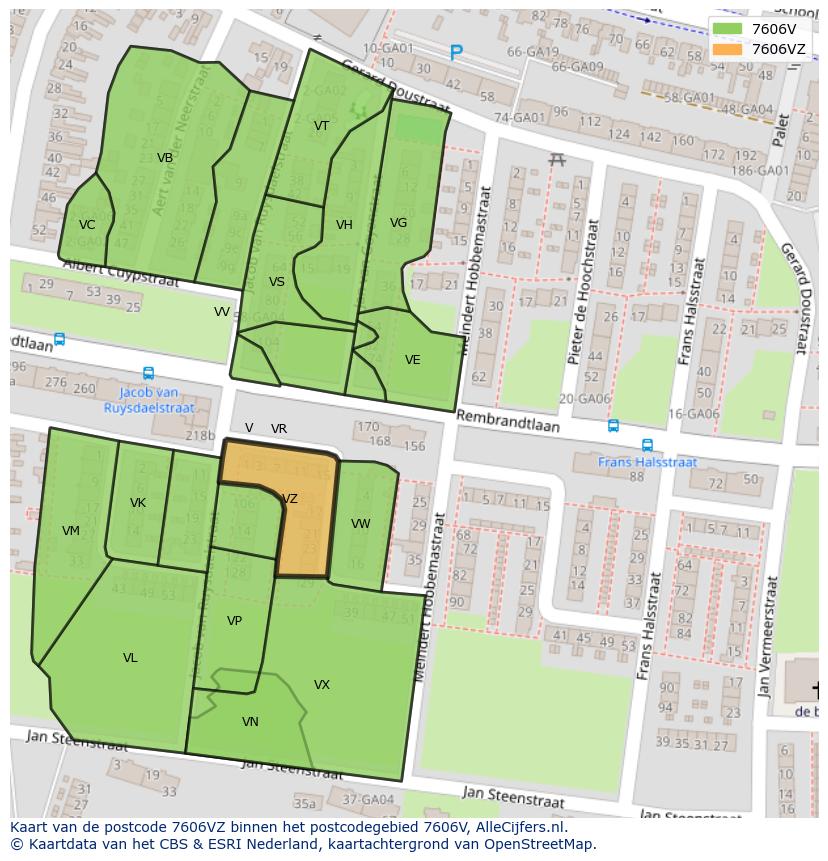 Afbeelding van het postcodegebied 7606 VZ op de kaart.