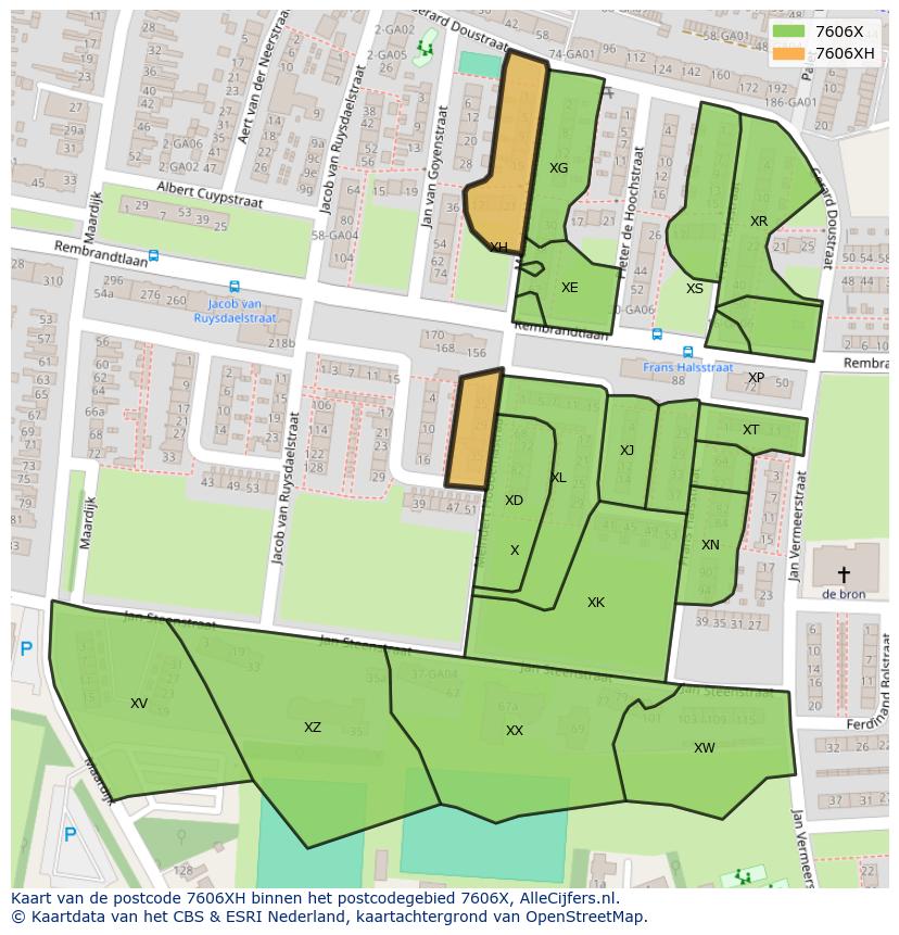 Afbeelding van het postcodegebied 7606 XH op de kaart.