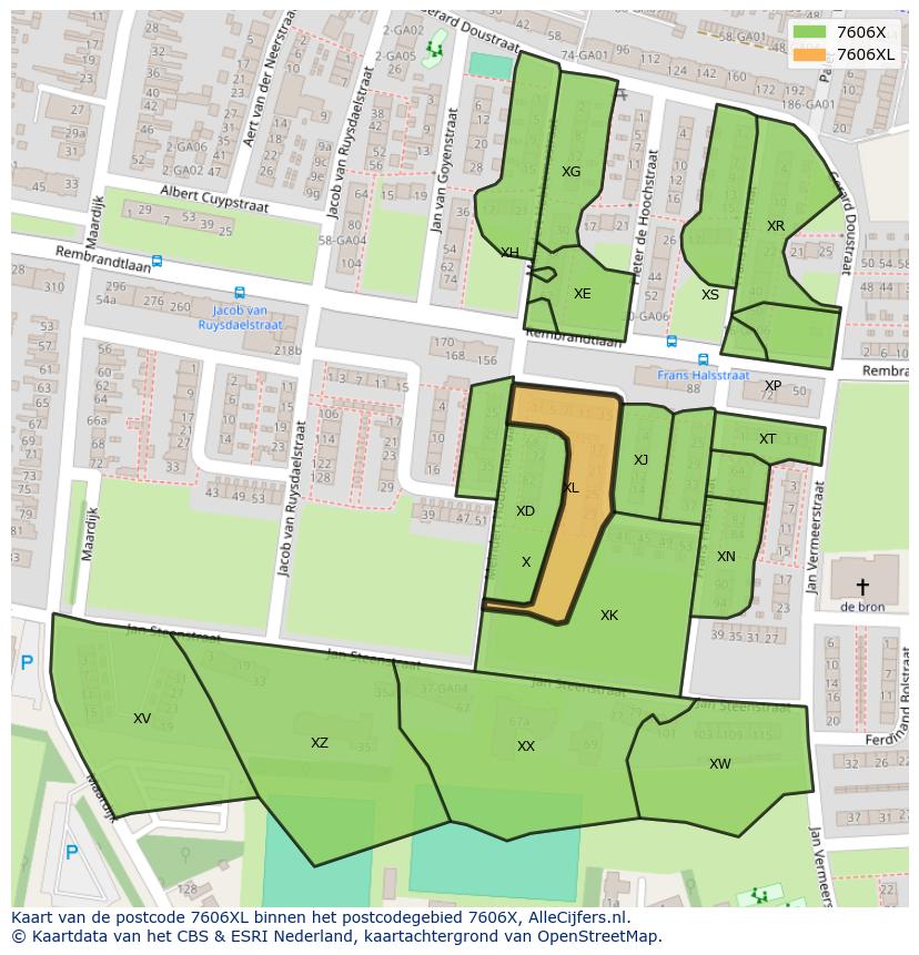 Afbeelding van het postcodegebied 7606 XL op de kaart.