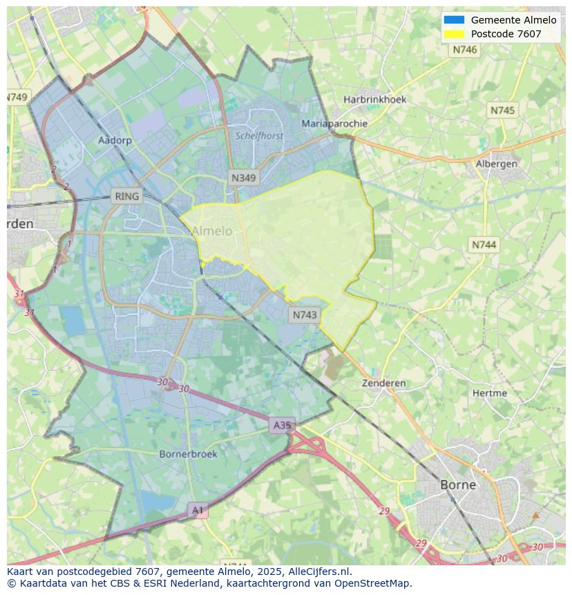 Afbeelding van het postcodegebied 7607 op de kaart.