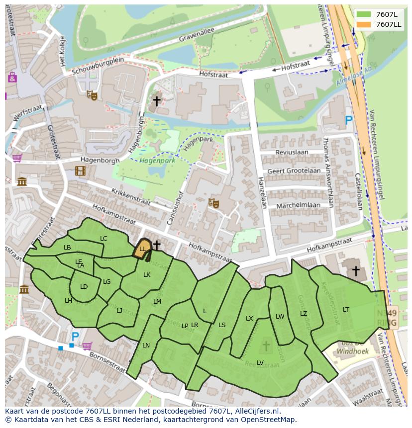 Afbeelding van het postcodegebied 7607 LL op de kaart.