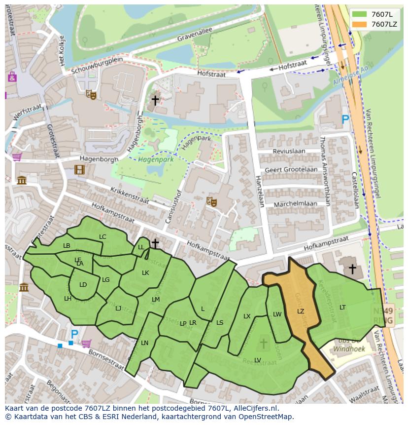 Afbeelding van het postcodegebied 7607 LZ op de kaart.