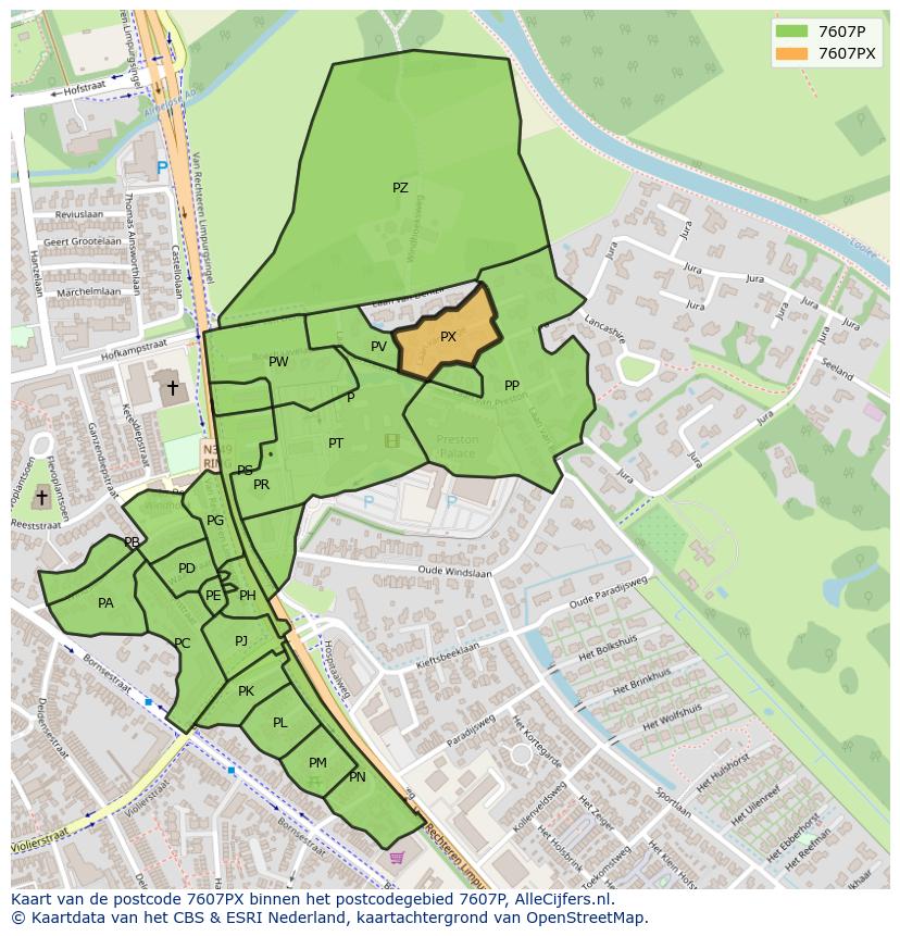 Afbeelding van het postcodegebied 7607 PX op de kaart.