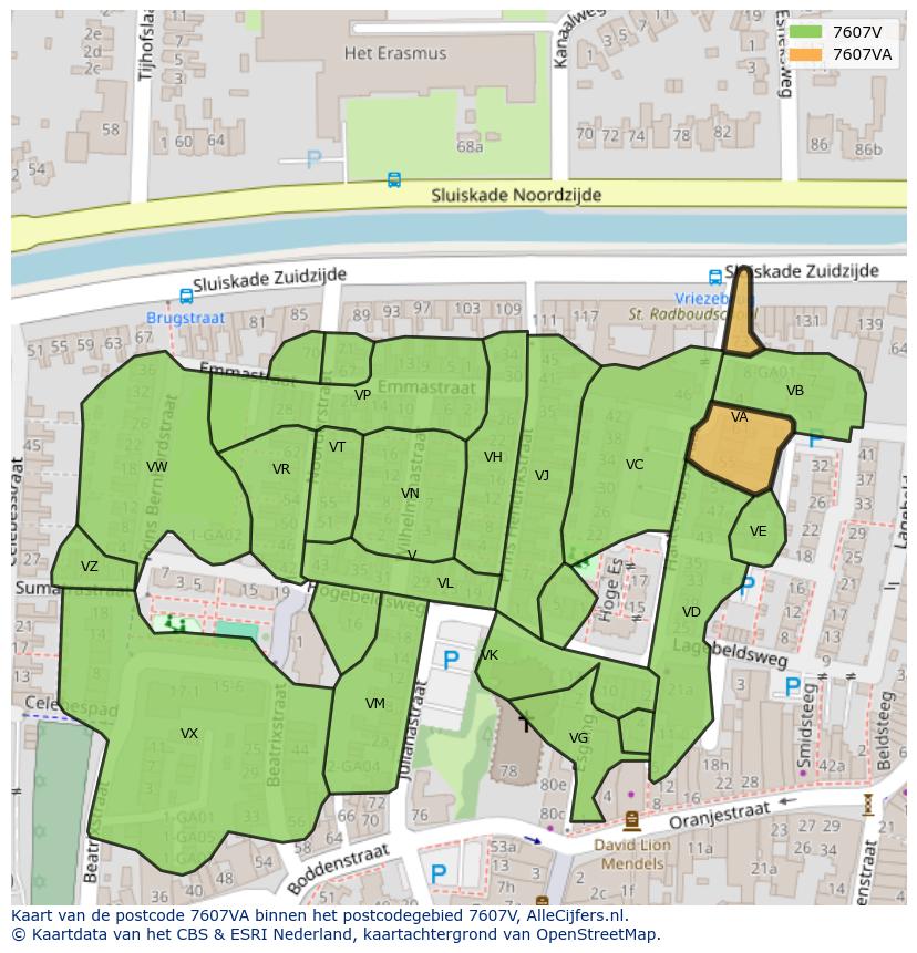Afbeelding van het postcodegebied 7607 VA op de kaart.