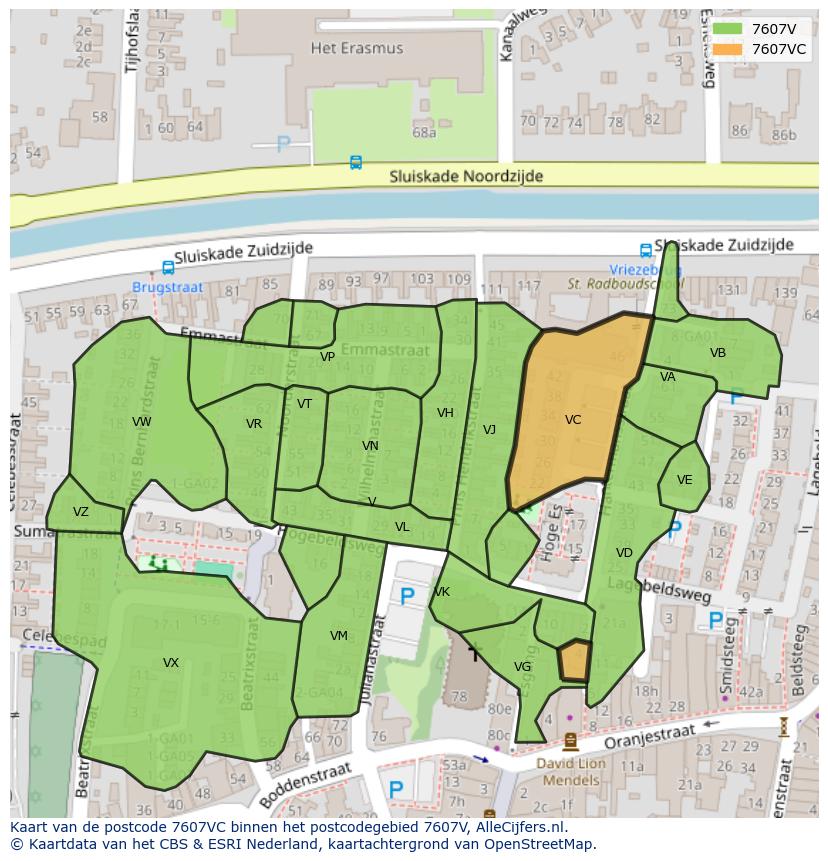 Afbeelding van het postcodegebied 7607 VC op de kaart.