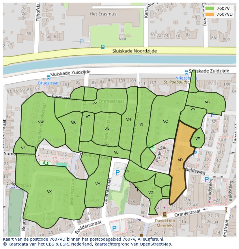Afbeelding van het postcodegebied 7607 VD op de kaart.