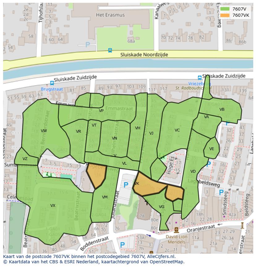 Afbeelding van het postcodegebied 7607 VK op de kaart.