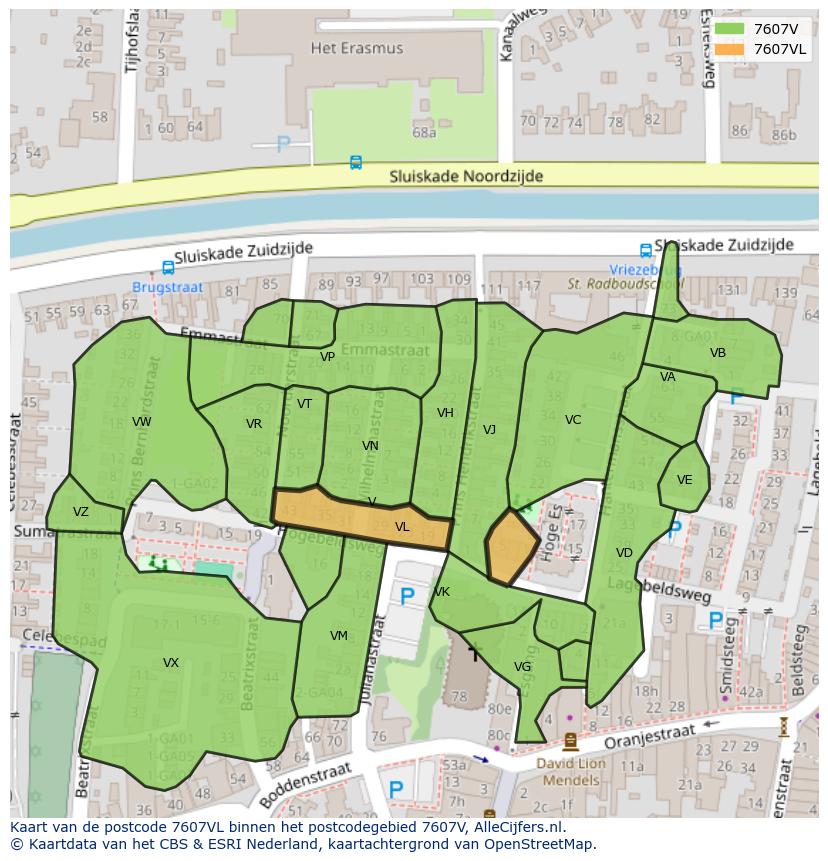 Afbeelding van het postcodegebied 7607 VL op de kaart.
