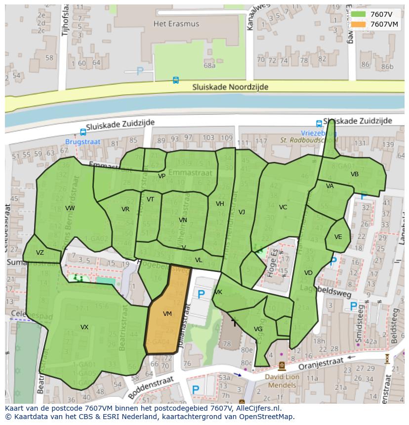 Afbeelding van het postcodegebied 7607 VM op de kaart.