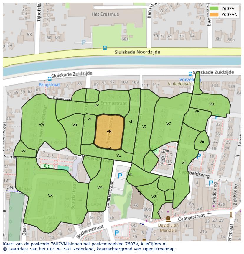 Afbeelding van het postcodegebied 7607 VN op de kaart.