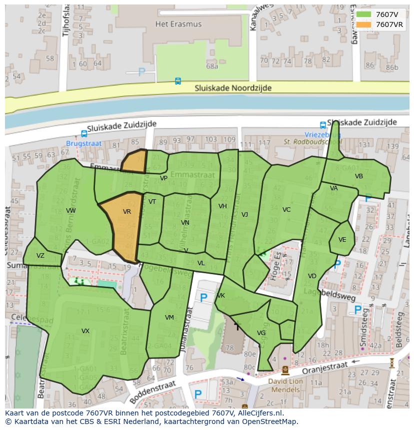 Afbeelding van het postcodegebied 7607 VR op de kaart.