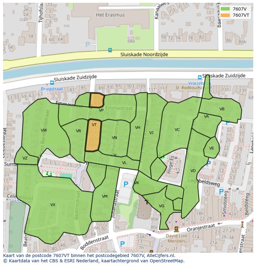 Afbeelding van het postcodegebied 7607 VT op de kaart.