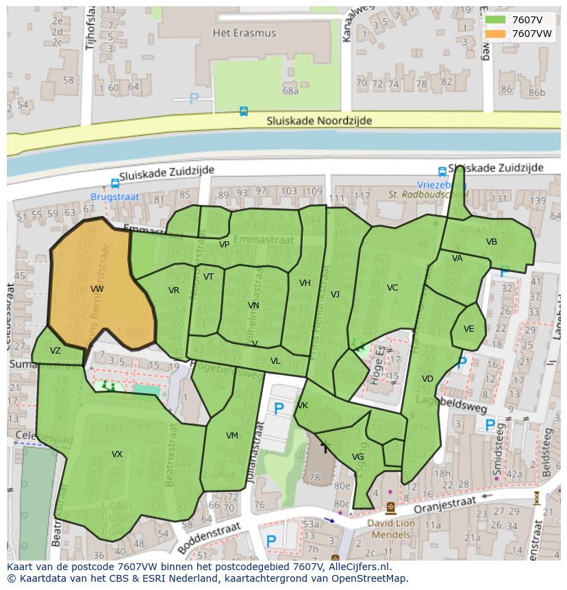 Afbeelding van het postcodegebied 7607 VW op de kaart.