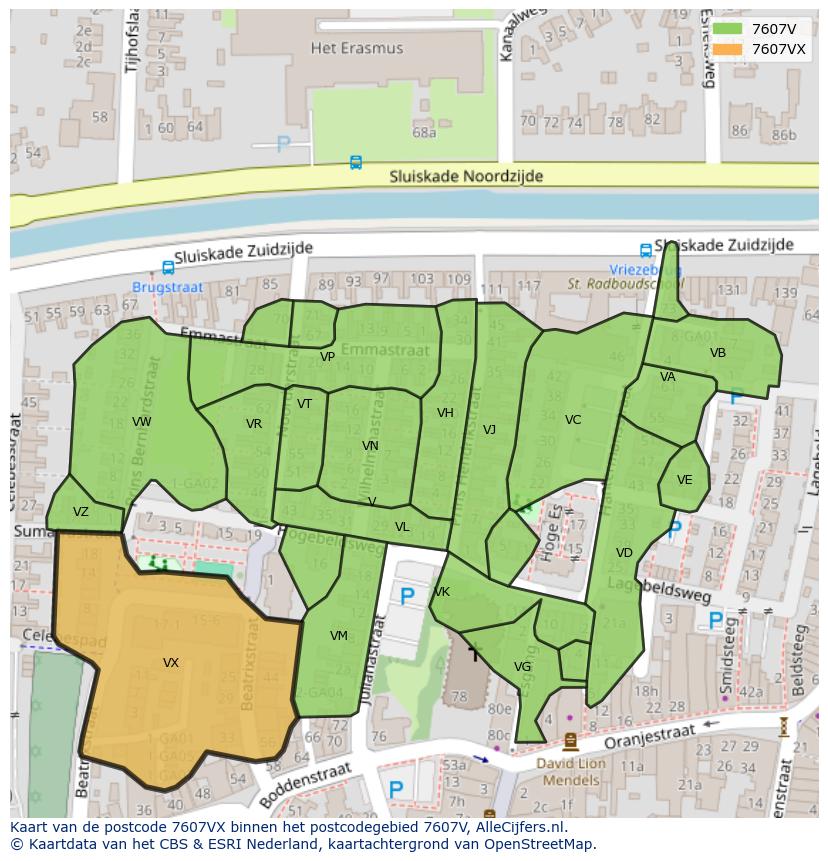 Afbeelding van het postcodegebied 7607 VX op de kaart.