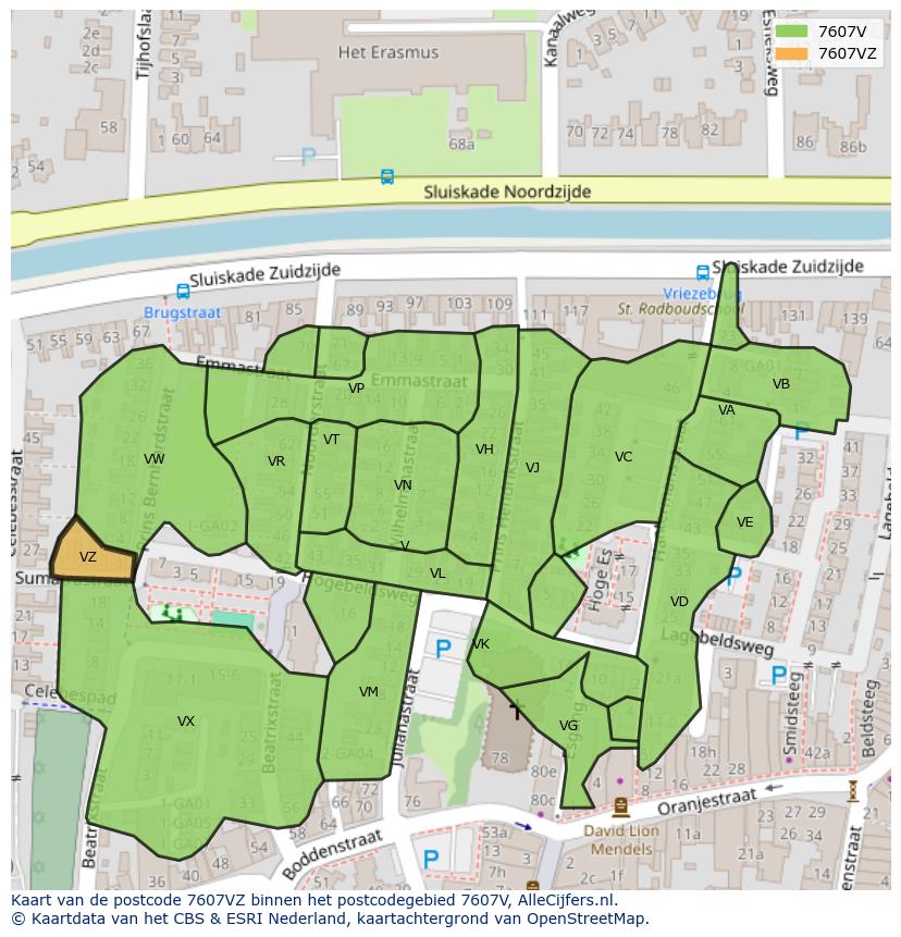 Afbeelding van het postcodegebied 7607 VZ op de kaart.