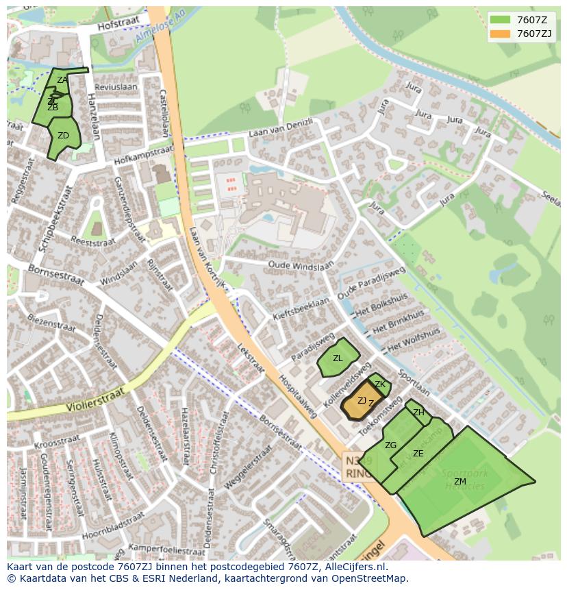 Afbeelding van het postcodegebied 7607 ZJ op de kaart.