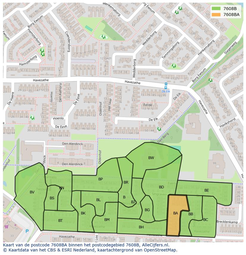 Afbeelding van het postcodegebied 7608 BA op de kaart.