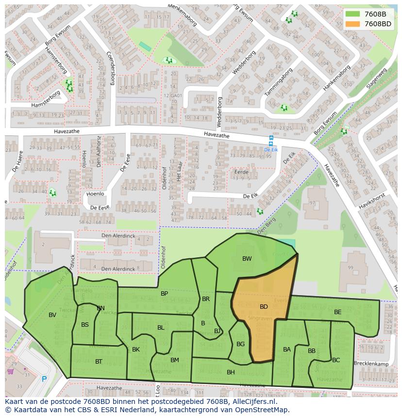 Afbeelding van het postcodegebied 7608 BD op de kaart.