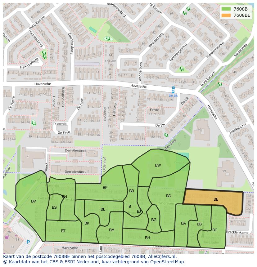 Afbeelding van het postcodegebied 7608 BE op de kaart.