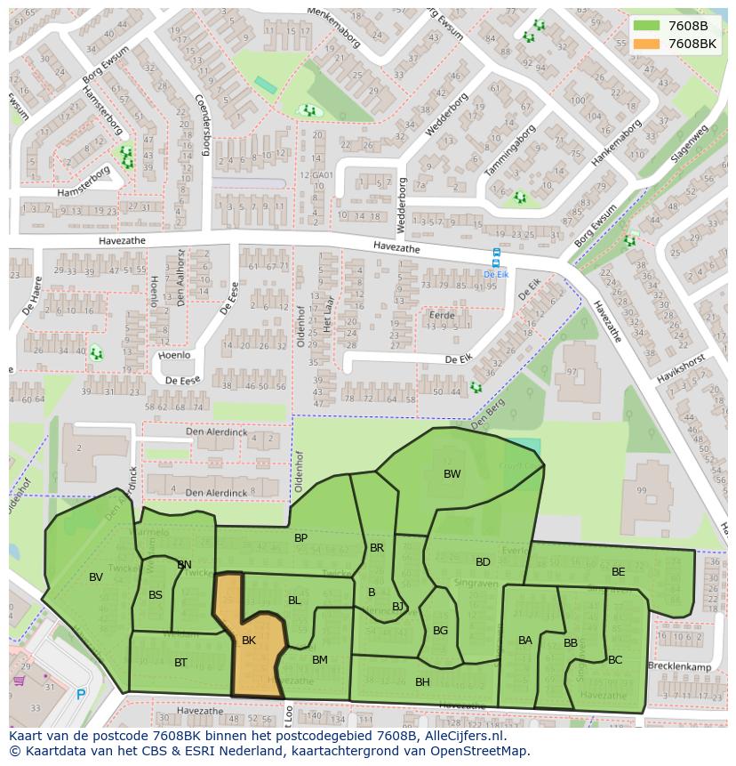 Afbeelding van het postcodegebied 7608 BK op de kaart.
