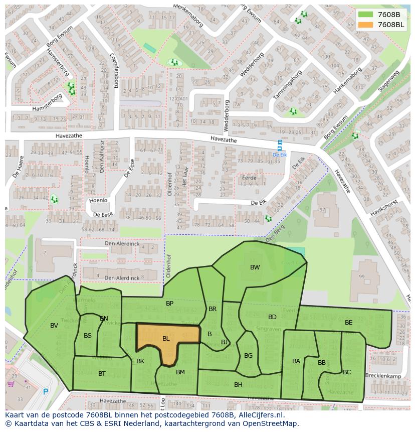 Afbeelding van het postcodegebied 7608 BL op de kaart.