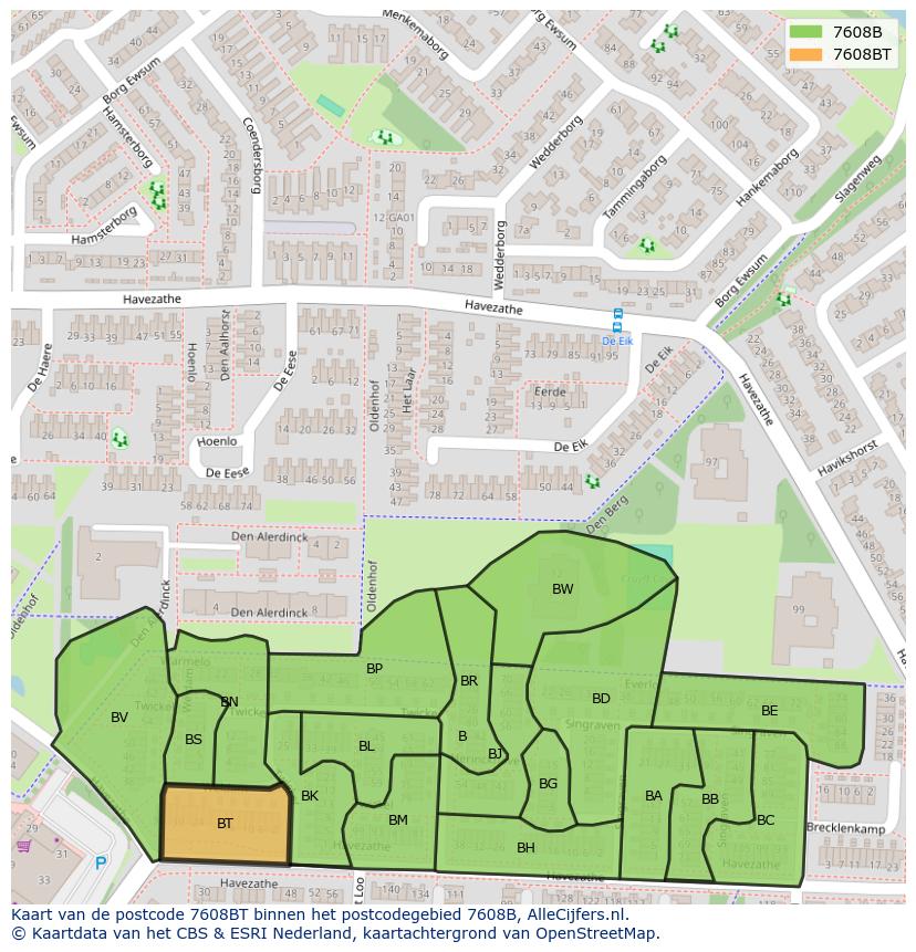 Afbeelding van het postcodegebied 7608 BT op de kaart.
