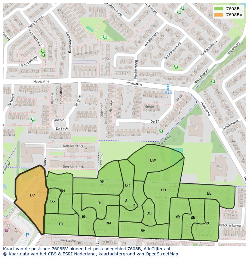Afbeelding van het postcodegebied 7608 BV op de kaart.