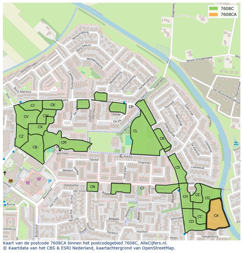 Afbeelding van het postcodegebied 7608 CA op de kaart.