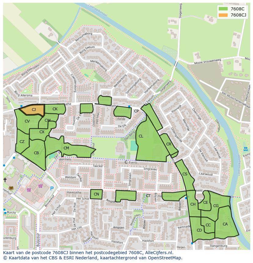 Afbeelding van het postcodegebied 7608 CJ op de kaart.