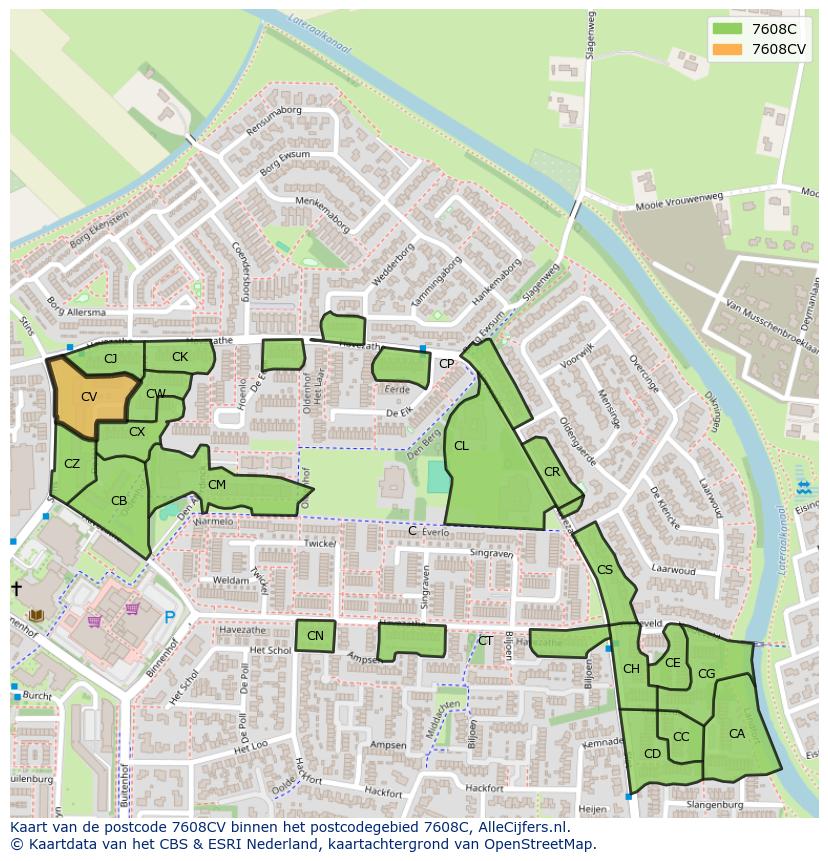 Afbeelding van het postcodegebied 7608 CV op de kaart.