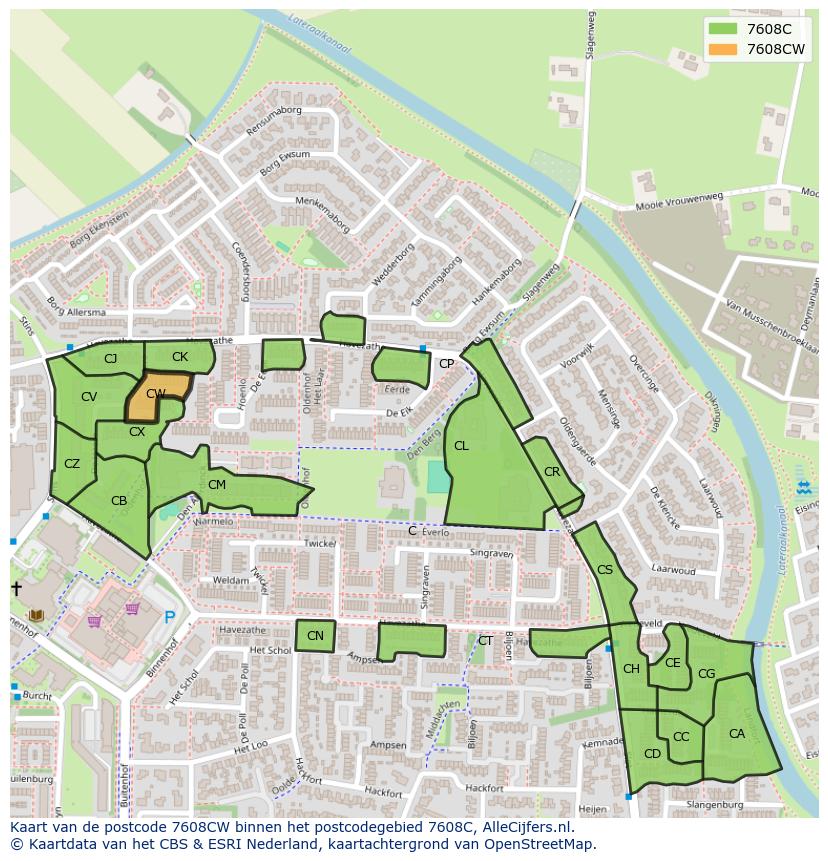 Afbeelding van het postcodegebied 7608 CW op de kaart.