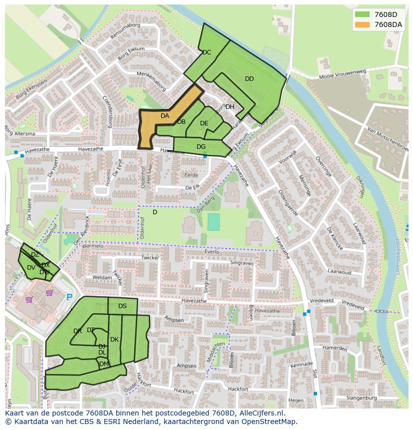Afbeelding van het postcodegebied 7608 DA op de kaart.