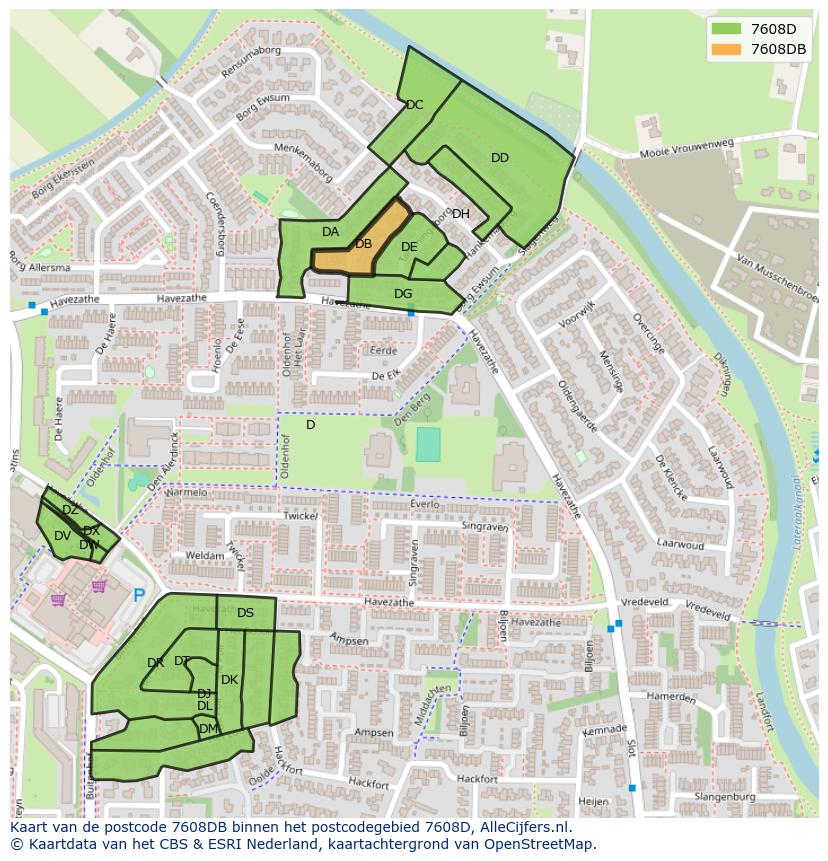 Afbeelding van het postcodegebied 7608 DB op de kaart.