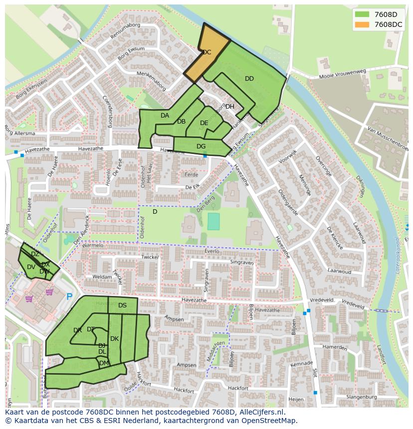 Afbeelding van het postcodegebied 7608 DC op de kaart.