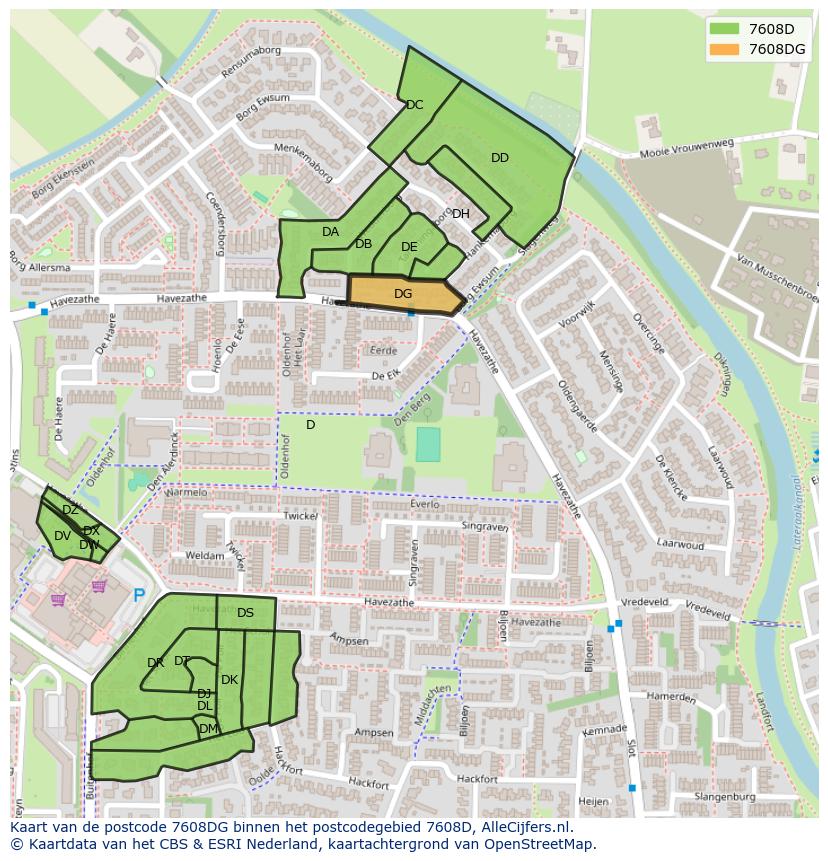 Afbeelding van het postcodegebied 7608 DG op de kaart.