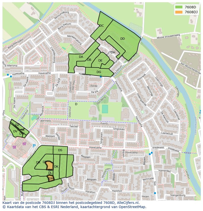 Afbeelding van het postcodegebied 7608 DJ op de kaart.