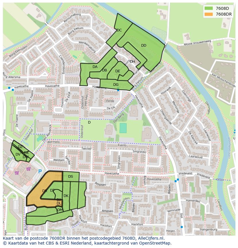 Afbeelding van het postcodegebied 7608 DR op de kaart.