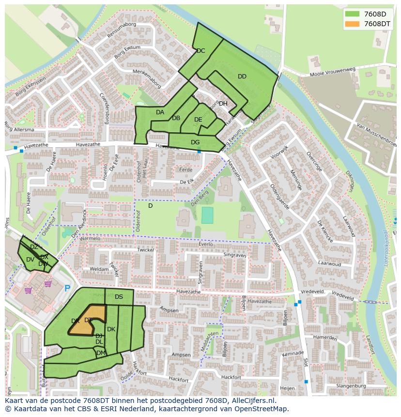 Afbeelding van het postcodegebied 7608 DT op de kaart.