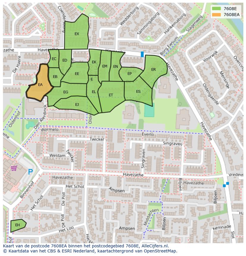 Afbeelding van het postcodegebied 7608 EA op de kaart.