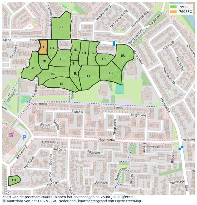 Afbeelding van het postcodegebied 7608 EC op de kaart.