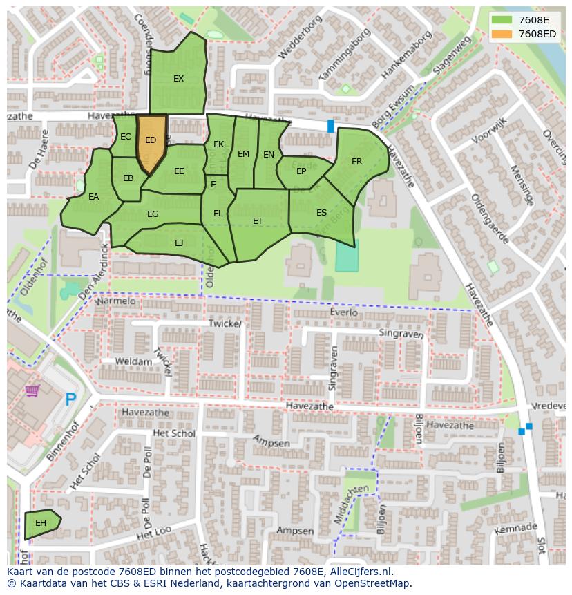 Afbeelding van het postcodegebied 7608 ED op de kaart.