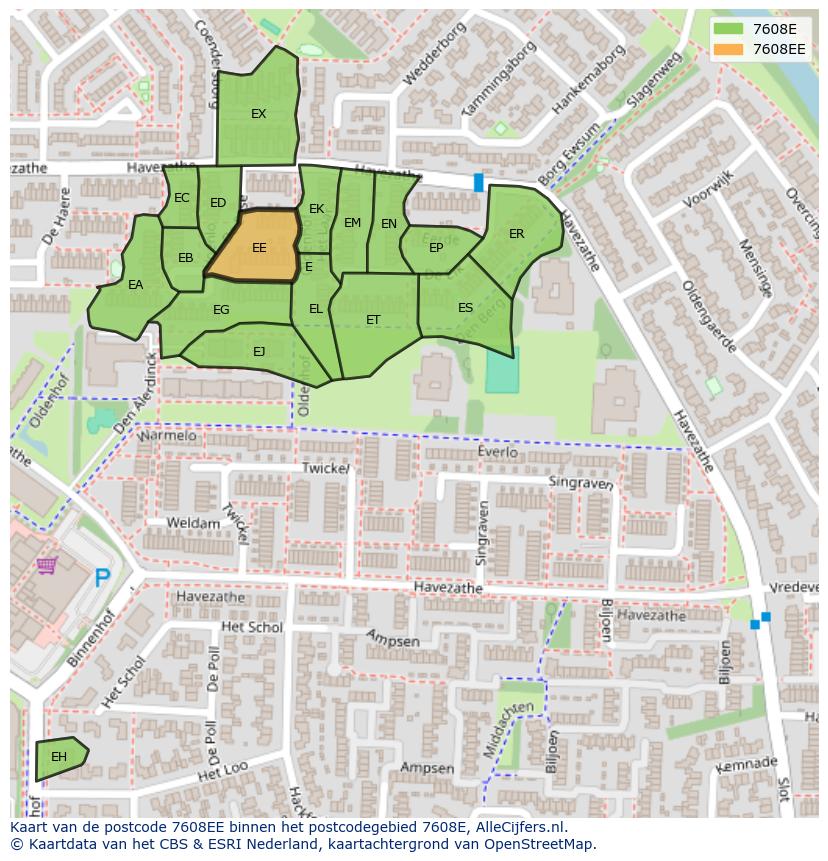 Afbeelding van het postcodegebied 7608 EE op de kaart.