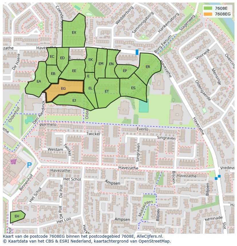 Afbeelding van het postcodegebied 7608 EG op de kaart.
