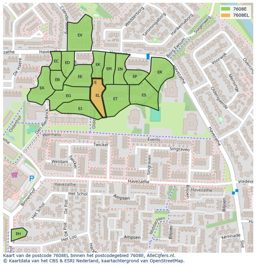 Afbeelding van het postcodegebied 7608 EL op de kaart.